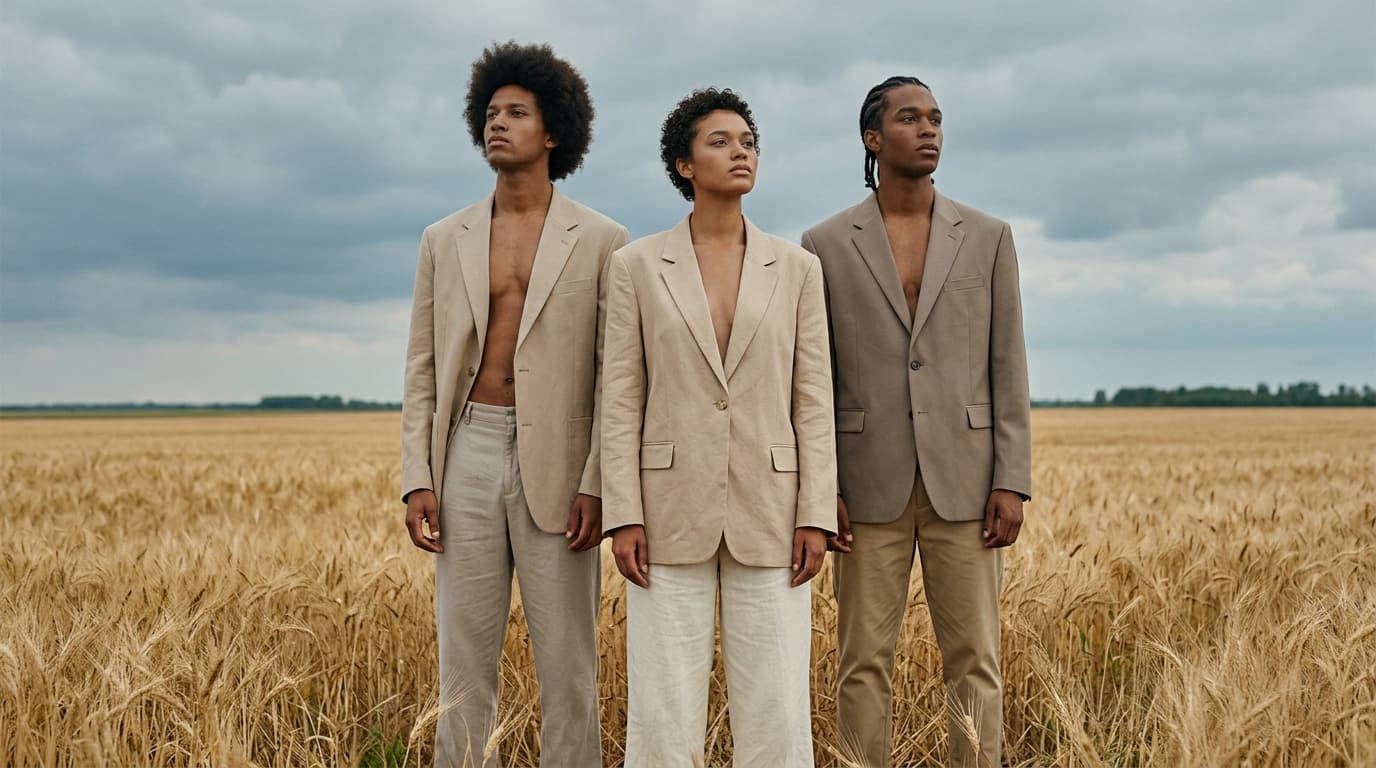 Three models in tonal neutral trousers and blazers standing in a golden wheat field