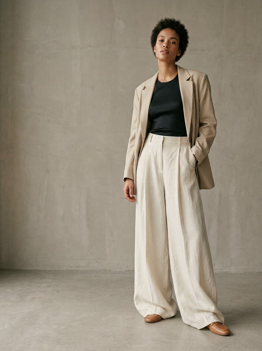 Woman in wide-leg cream trousers